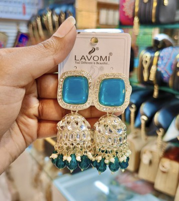 Premium Square Sky Blue & Dark Teal Blue Stone Kundan Jhumka Earrings (Square Sky Blue & Teal Blue Kundan Jhumka Earrings)